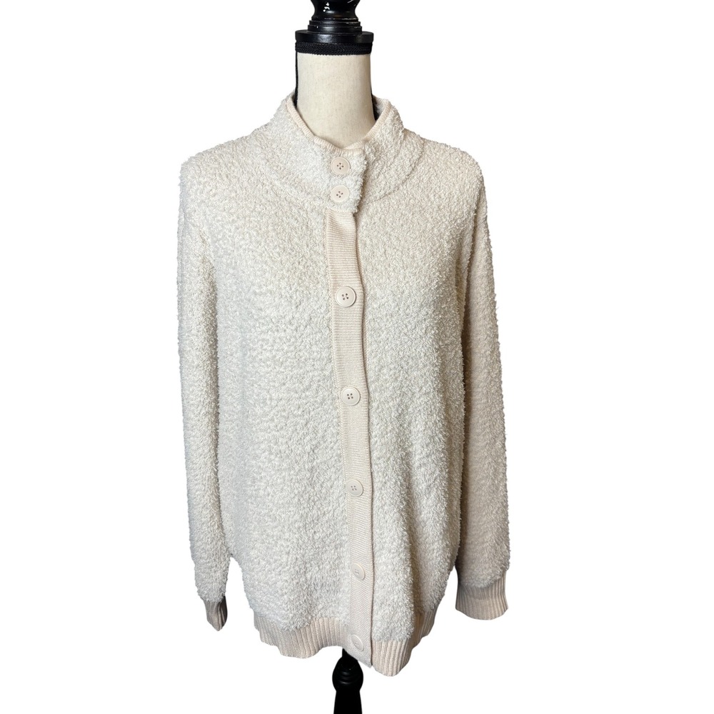 Les Serein Shona Sherpa Sweater Jacket Off-White XXL Button Front Mock Neck New